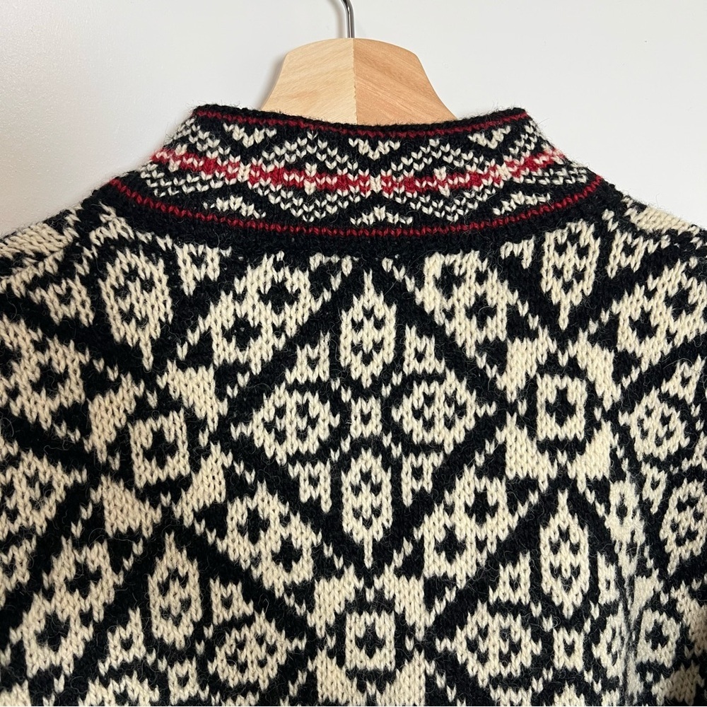 L.L. Bean Vintage Nordic Fair Isle Black Cream Red Wool Blend Cardigan, Size S - Picture 7 of 8